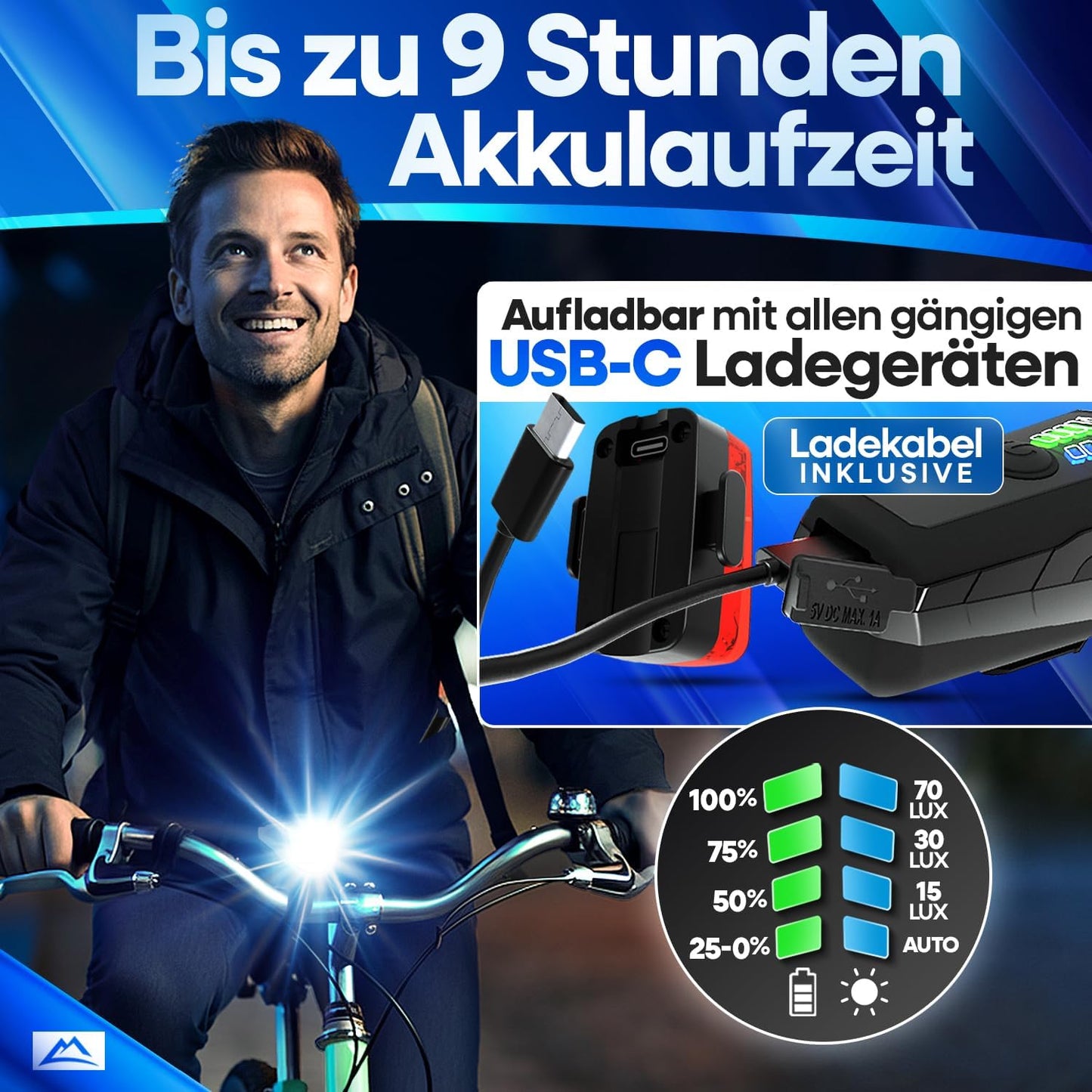 NEXTCOVER® Kit d'éclairage pour vélo - Avec capteur - 11 heures d'autonomie - rechargeable par USB - étanche - homologué StVZO