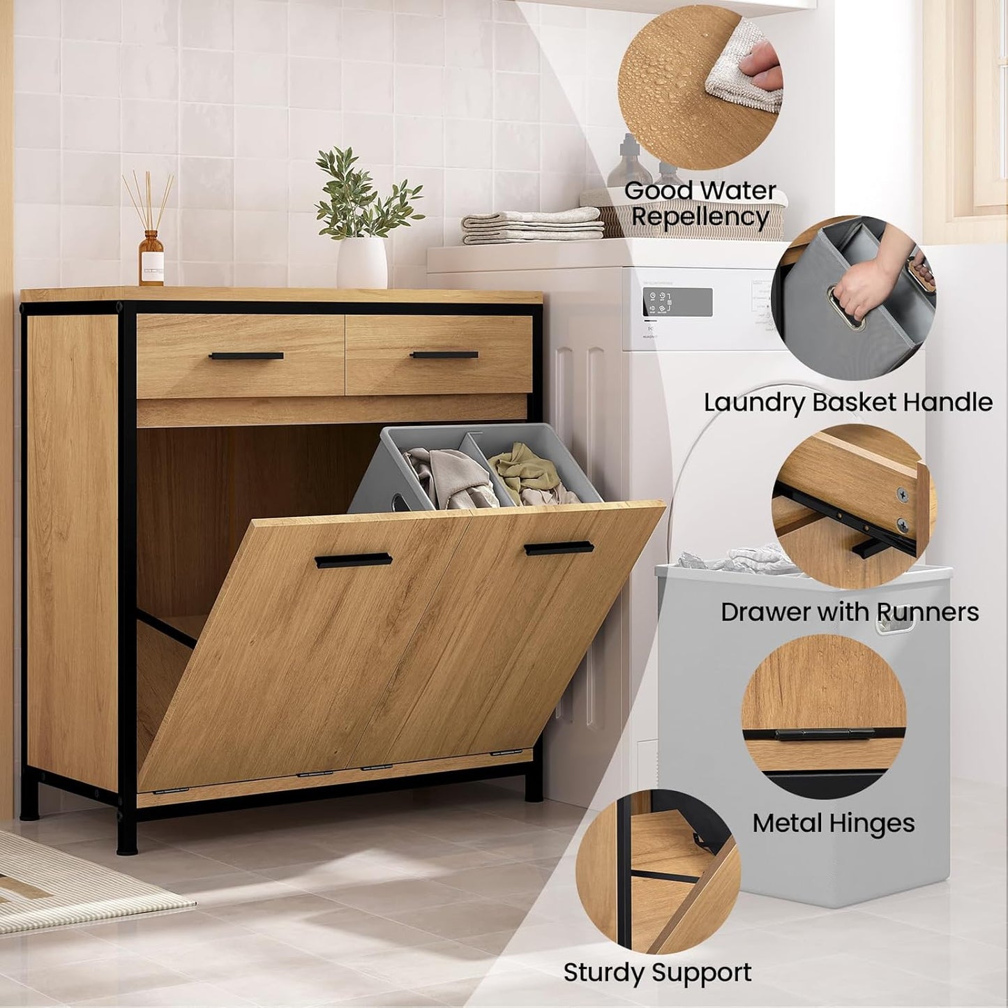 Armoire de toilette Eugad avec panier à linge et 2 tiroirs - Chêne clair et noir - 72,5 x 34 x 80 cm