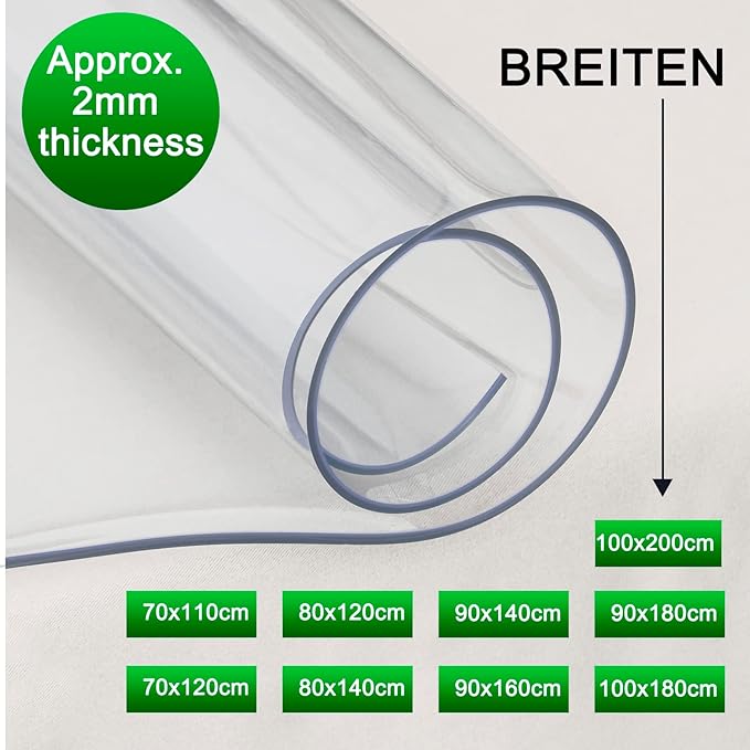 WOLTU Film transparent de protection de table - Nappe en PVC - épaisseur 2 mm - rectangle 100 x 180 cm - imperméable