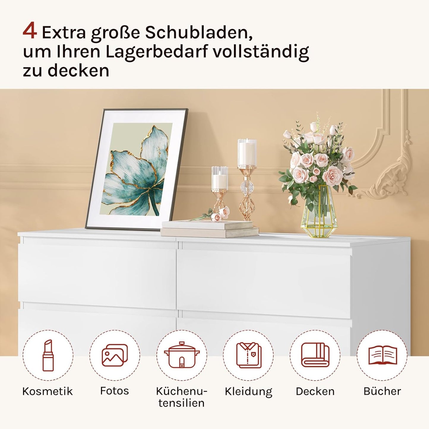 Woltu Meuble à tiroirs blanc - 4 tiroirs - 60 x 40 x 90 cm - Meuble de rangement moderne pour la chambre et le salon