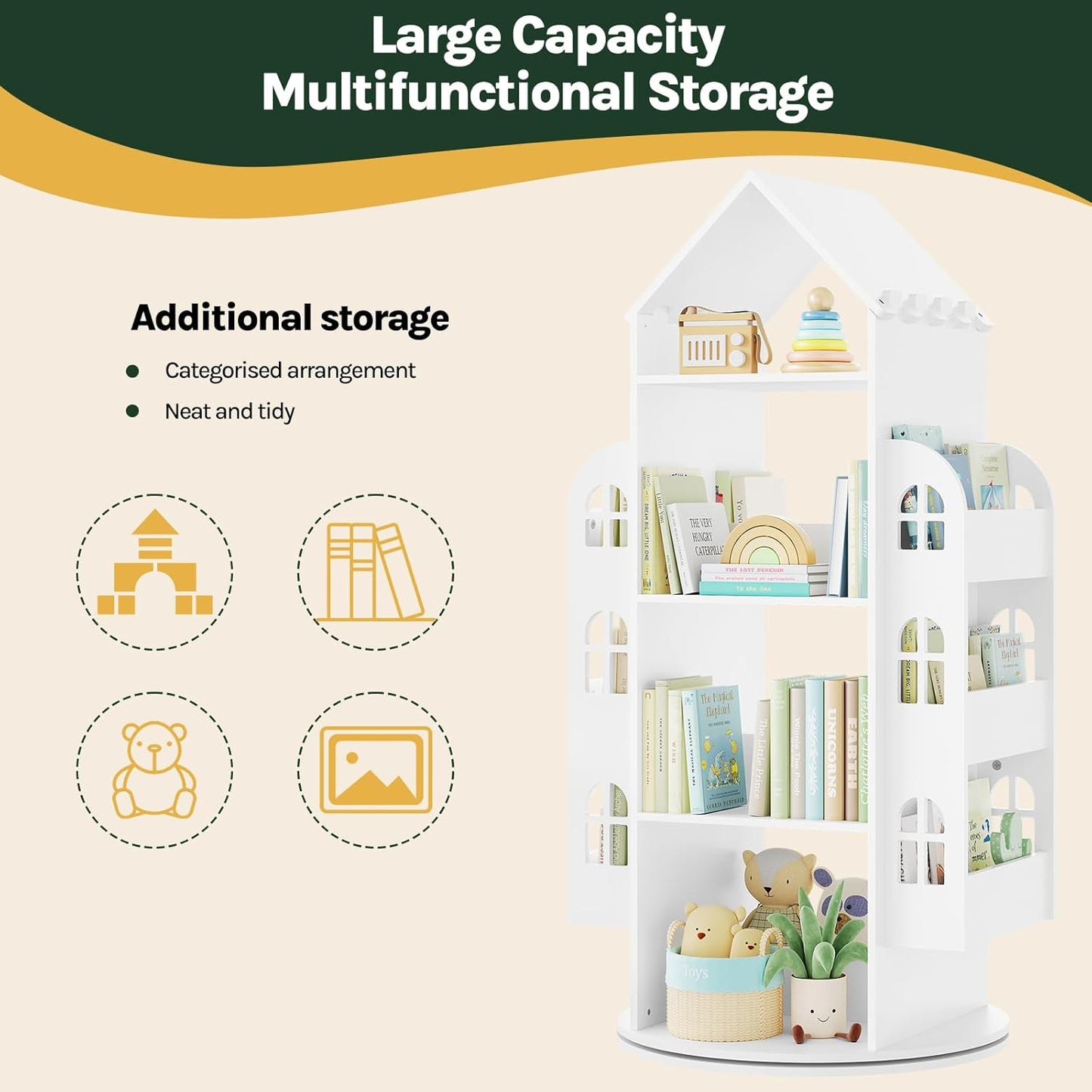 Woltu Revolving Children's Bookcase White 63x59x125 cm - Meuble de rangement Montessori à 4 niveaux et compartiments latéraux