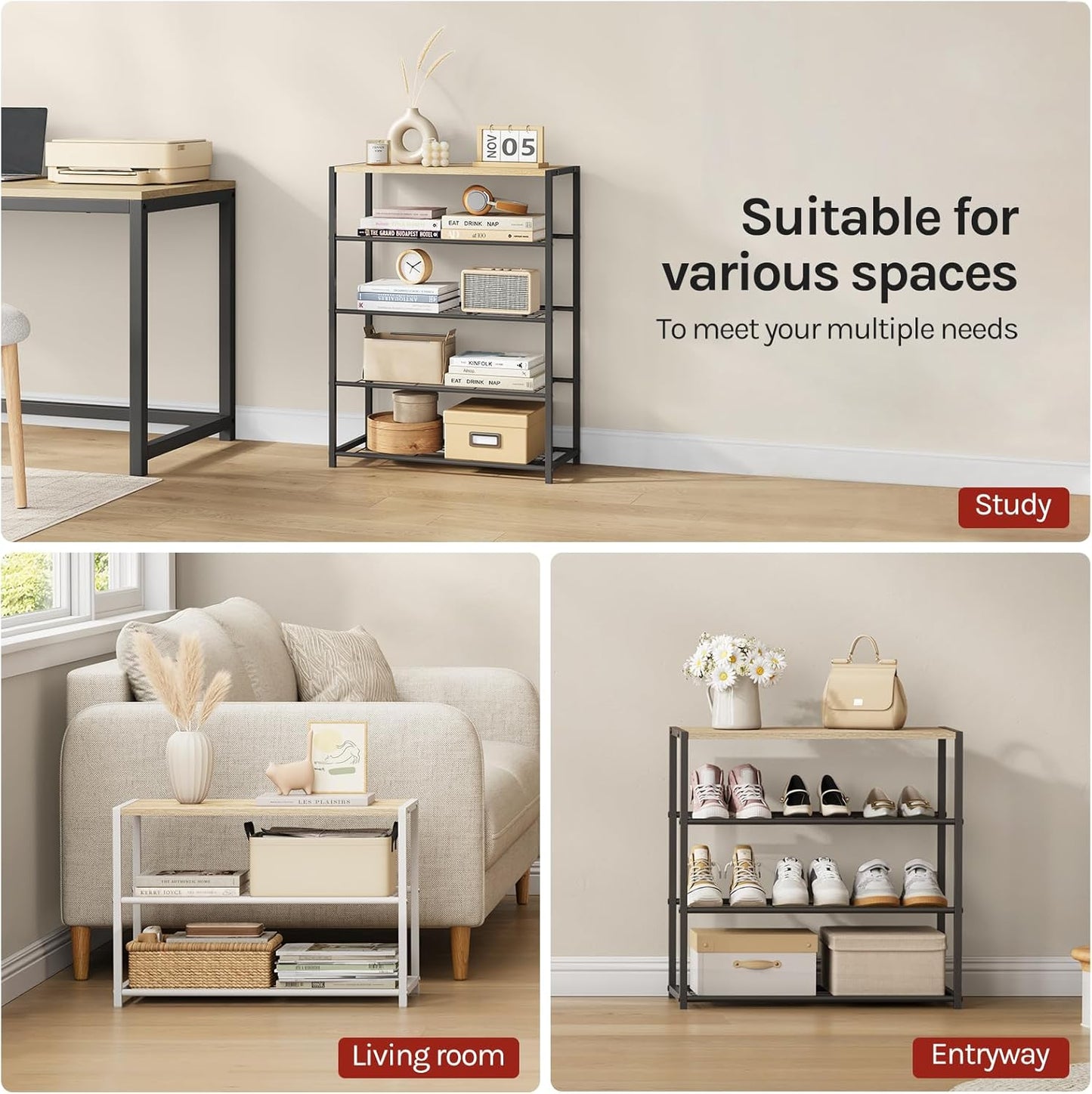 WOLTU Organizer shoe rack - 4 niveaux - chêne clair et noir - 63 x 83 x 30 cm