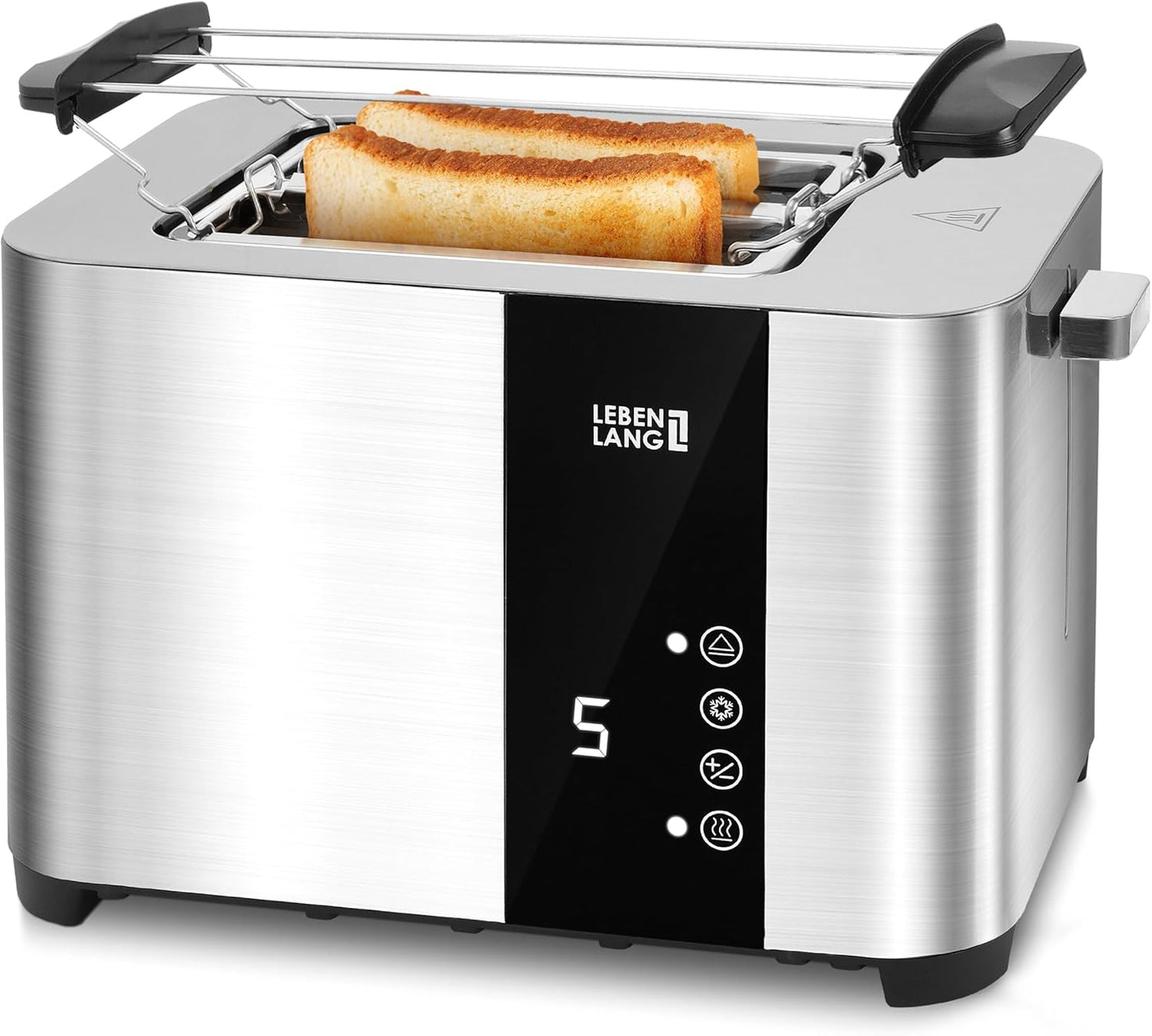 LEBENLANG - Grille-pain en acier inoxydable - 2 fentes - écran tactile et affichage LED - 7 niveaux - 850W - avec support à sandwich et tiroir à miettes
