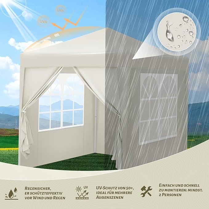WOLTU Gazebo pop up party tent - 2 x 2 m - beige - protection UV 50+ hydrofuge