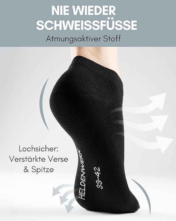 HELDENWERK Sneaker Socks - Chaussettes d'entraînement pour femmes et hommes - Coton respirant et anti-transpiration - Chaussettes de sport unisexe - 10 paires noires - Taille 35-38