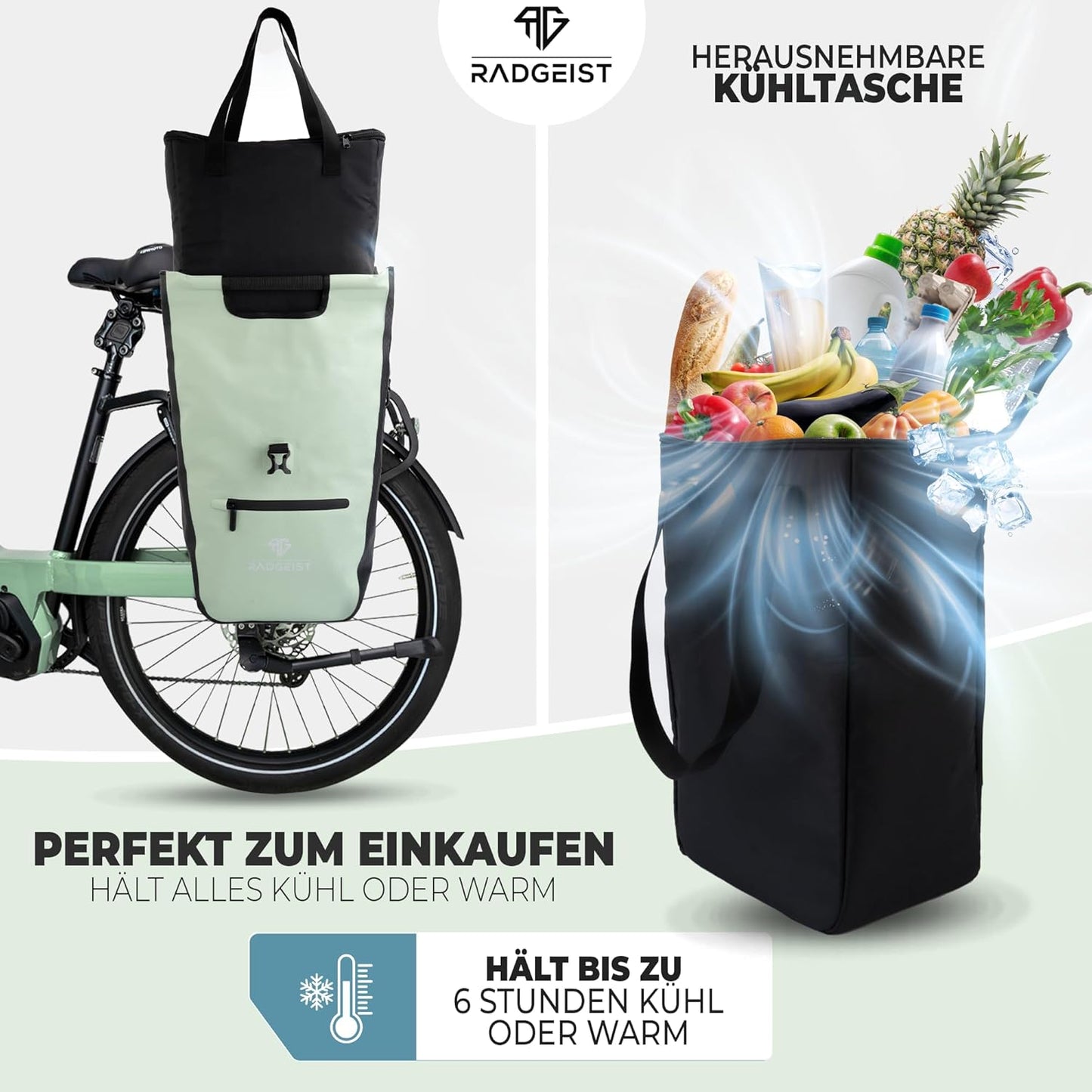 RADGEIST sac à vélo pour porteur I sac à vélo shopper avec sac isotherme amovible I sac à provisions & sac à provisions 22-28 litres - vert