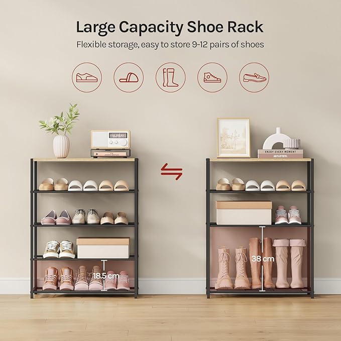 WOLTU Organizer shoe rack - 4 niveaux - chêne clair et noir - 63 x 83 x 30 cm