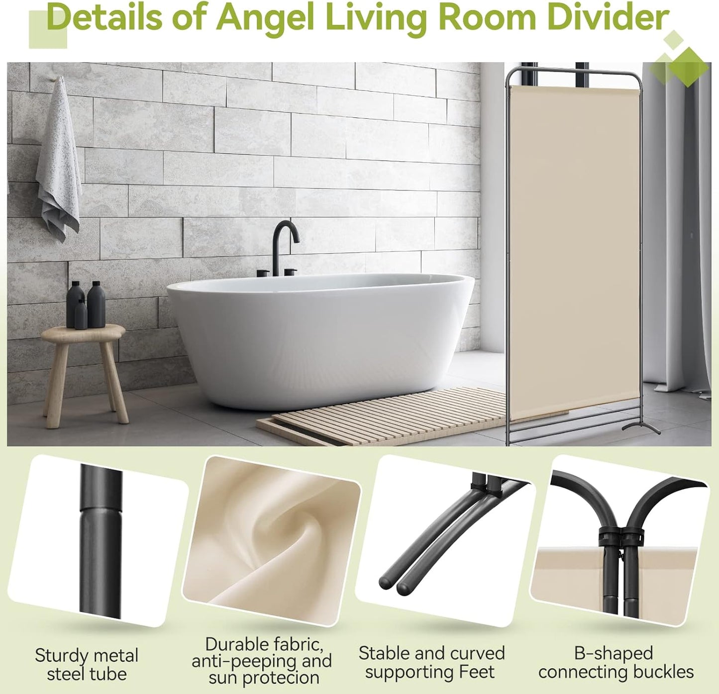 Angel Living Paravent - 1 pièce - 81x180 cm - Pliant - Autoportant - Cadre métallique - Séparation de pièces et pare-vue - Beige