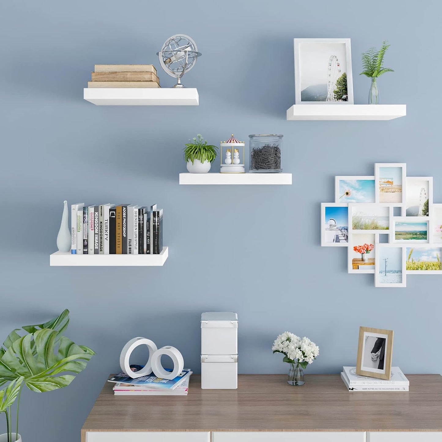 Woltu Set de 4 étagères murales flottantes - Bois MDF - Blanc - 30 x 23 x 3.8 cm
