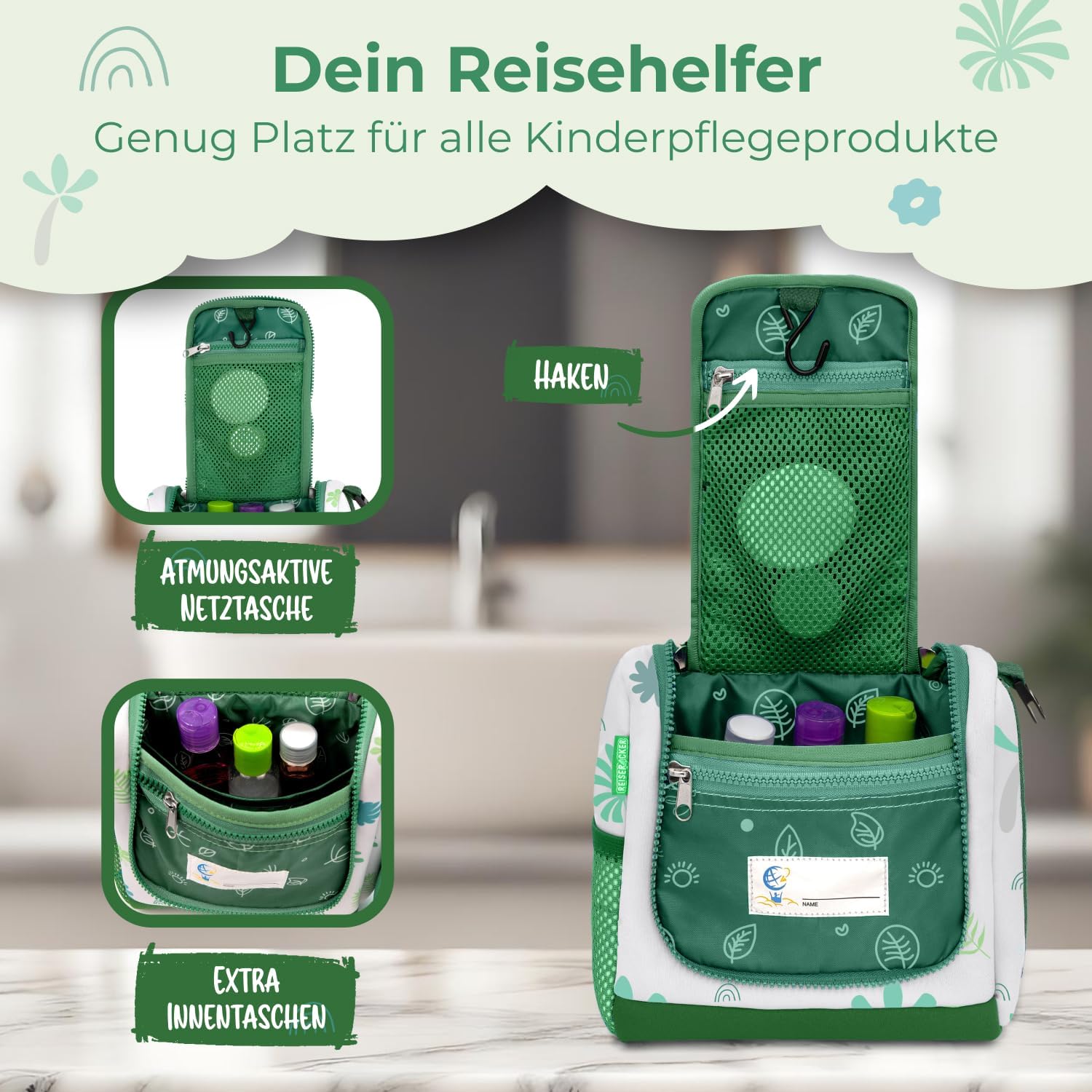 REISERACKER Trousse de toilette pour enfants - 21 x 9 x 18 cm - vert