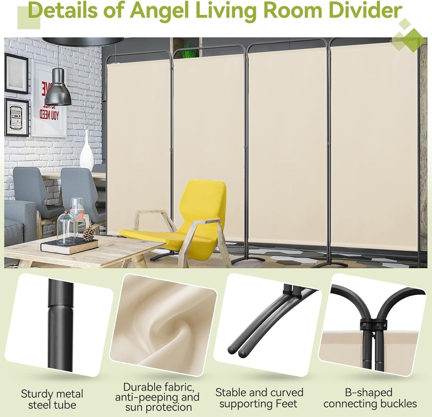 Angel Living Paravent - 4 cloisons pliantes - indépendantes - 180 x 324 cm - beige