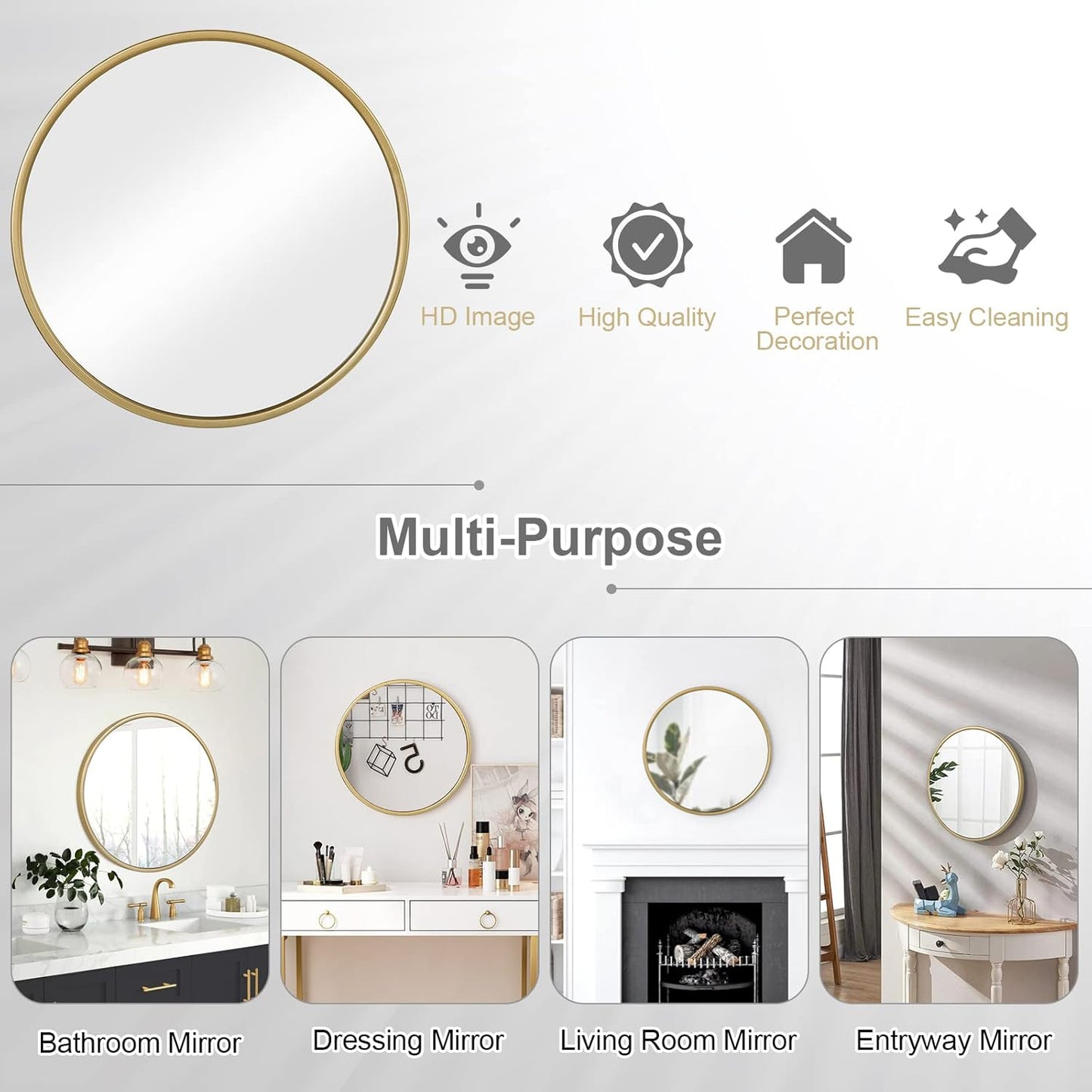 Woltu Miroir mural rond 50 x 50 cm - Cadre doré - Miroir moderne pour la salle de bain, la chambre et le couloir