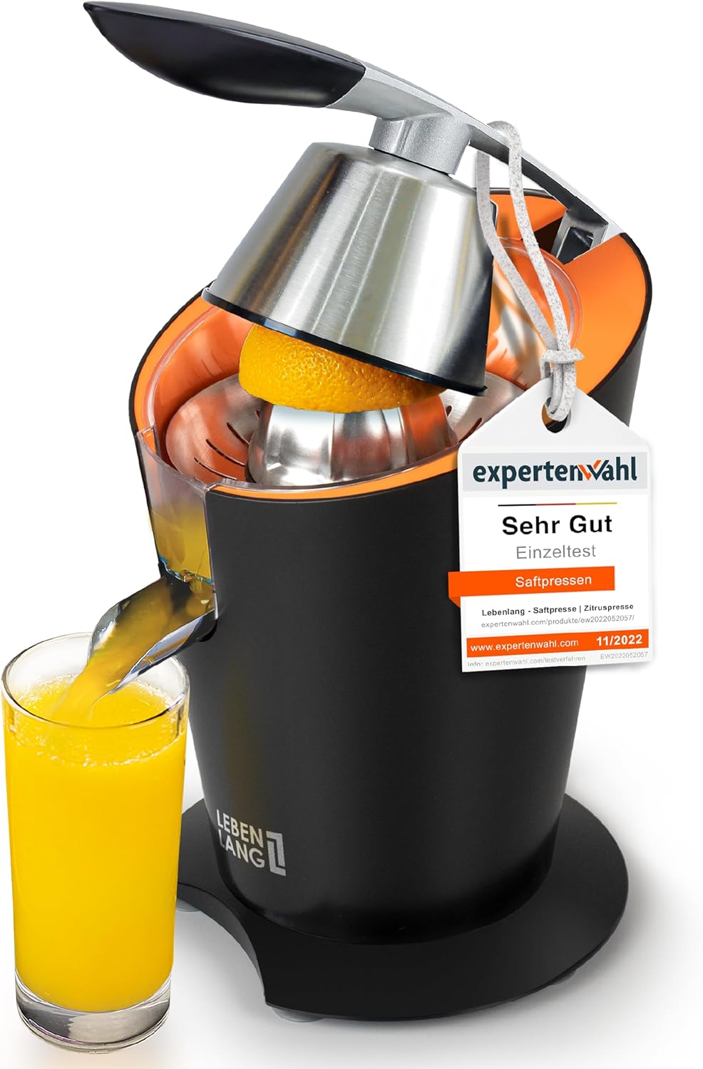 LEBENLANG Presse-orange électrique 600 W - Noir, 20 x 20 x 31 cm, acier inoxydable, bras de levier inclus
