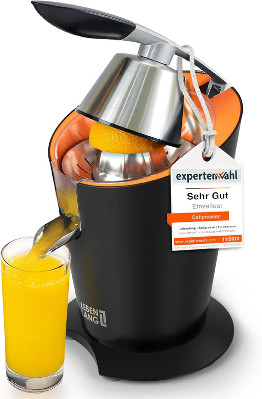 LEBENLANG Presse-orange électrique 600 W - Noir, 20 x 20 x 31 cm, acier inoxydable, bras de levier inclus
