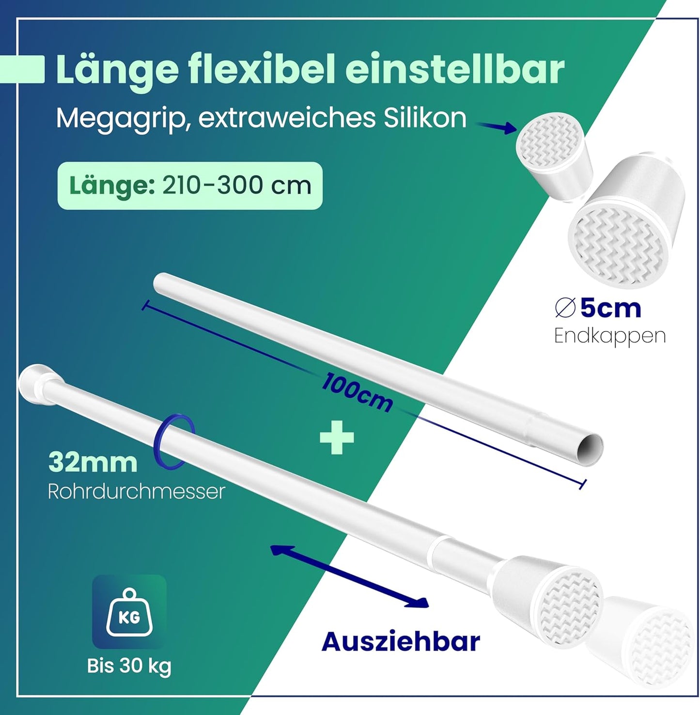 LOBUX® - Tringle à rideau sans perçage [blanc, 210-300cm] - tringle télescopique extension de rideau - tringle de douche sans perçage - tringle à rideau, tringle à rideau de douche, tringle à linge, tringle de serrage filet de chat