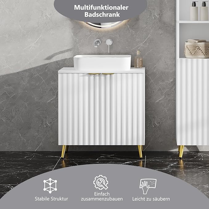 eSituro SBP0095 Meuble bas pour lavabo - meubles de salle de bains - blanc avec pieds en métal doré - 60 x 62 x 30 cm