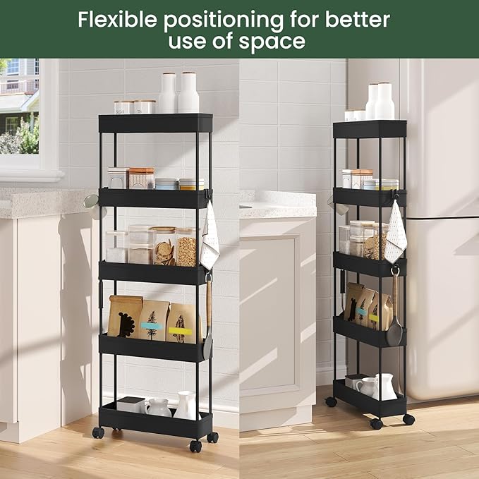 Klihome Service trolley - chariot de rangement à roulettes - 5 étagères - étroit 12,5 cm - noir mat