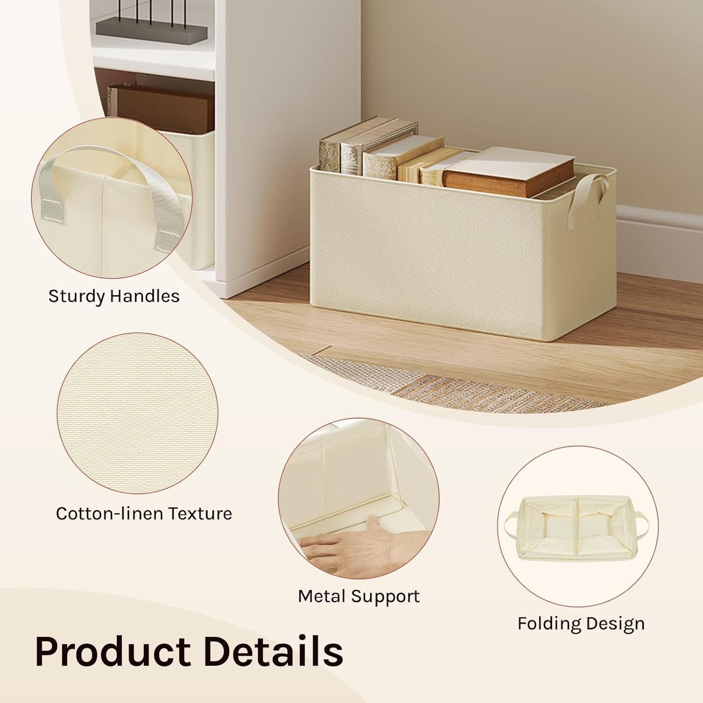 Woltu Boîte de rangement pliable Lot de 5 - Cubes de rangement en tissu avec poignées - Boîtes de rangement empilables pour vêtements et jouets - Crème - 37,5 x 20 x 26 cm
