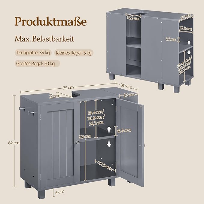 Yaheetech Meuble lavabo - Freestanding - Adjustable - U-Opening - Dark Grey