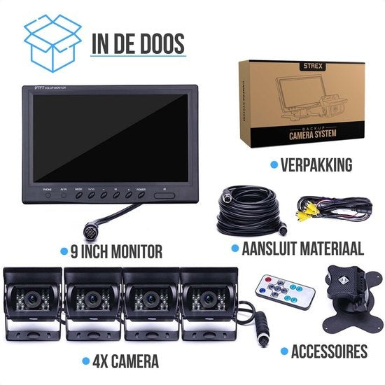 Strex Set de caméras de recul filaire avec 4 caméras (vue simultanée) - écran 9" - vision nocturne 18LED 15m - IP67 Waterproof - Caméra de recul