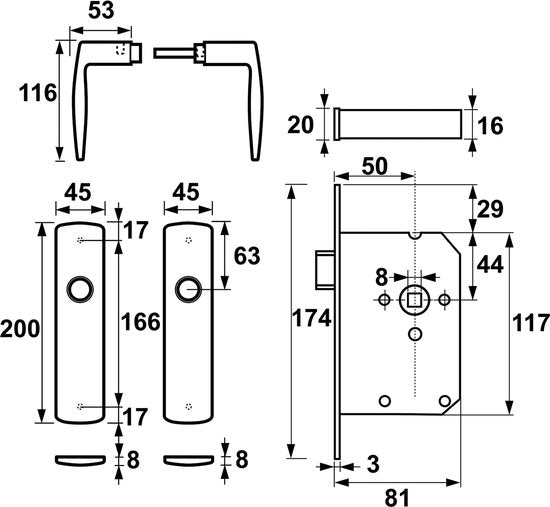 AXA Inner door hardware set (Curve click) Aluminium poli : Levier (modèle Curve) sur bouclier et serrure avec têtière blanche