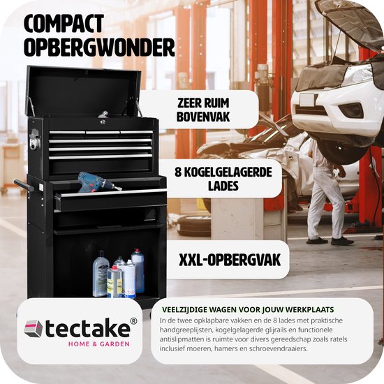 tectake® Chariot d'atelier avec support de valise - Chariot à outils verrouillable avec 10 compartiments - Établi mobile en acier - Roues avec frein - Chariot à outils vide, armoire à outils - Noir