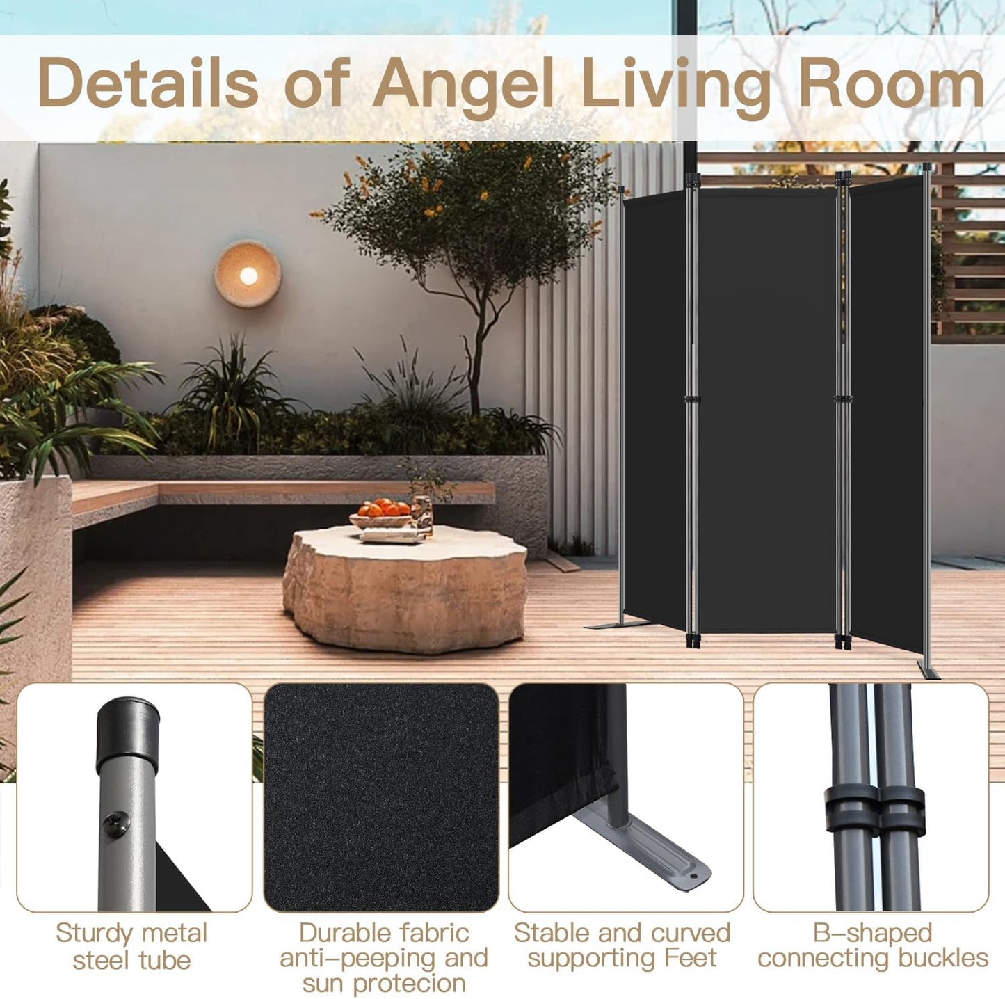 Angel Living Paravent - 3 Panneaux - 168 x 165 cm - Noir