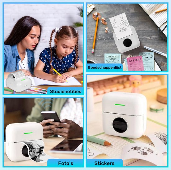 Mini imprimante pour mobile - 6 rouleaux de papier, 5 rouleaux d'autocollants, 3 rouleaux de couleur et stylos de couleur inclus - Imprimante mobile de poche - Sans encre - Sans fil - Blanc