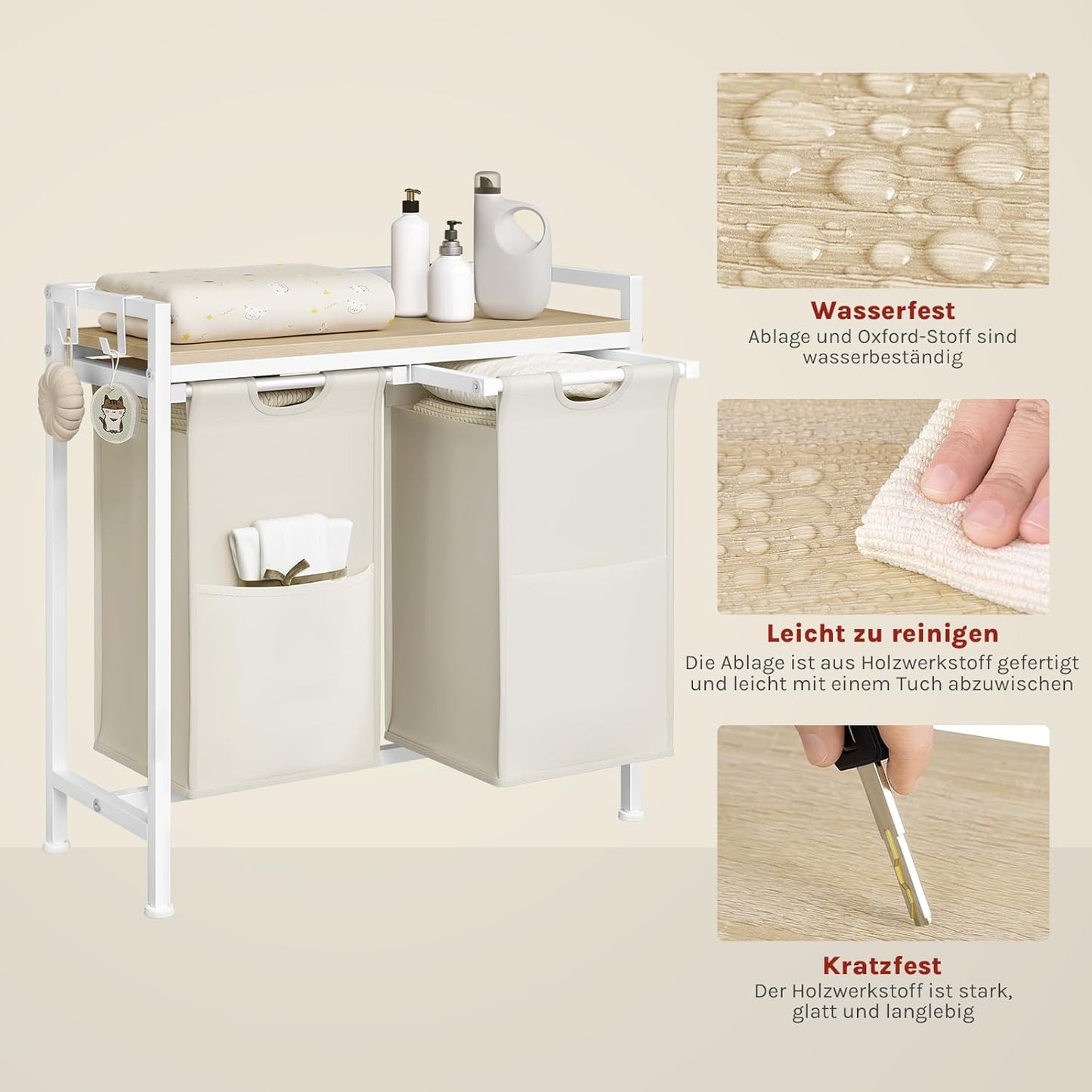 Panier à linge Woltu avec 2 compartiments et étagère de rangement - Capacité 80L - Sacs à linge extractibles et amovibles - Blanc/chêne clair - 70 x 30 x 71 cm