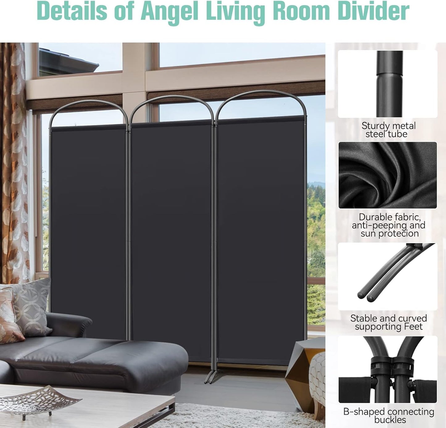 Angel Living Paravent - 3 Panneaux - 168 x 182 cm - Noir