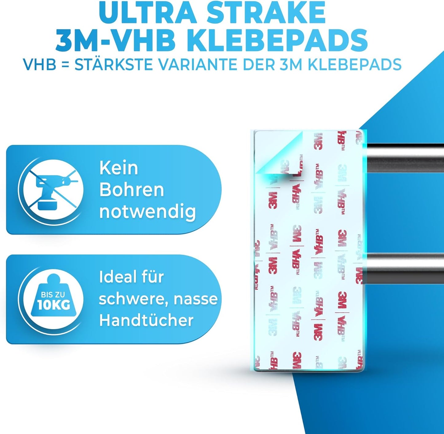 LOBUX® - Porte-serviettes sans perçage - 60cm, acier inoxydable - Porte-serviettes salle de bain double, auto-adhésif - Porte-serviettes avec 2 crochets pour serviettes - pour salle de bain, paroi de douche, cuisine