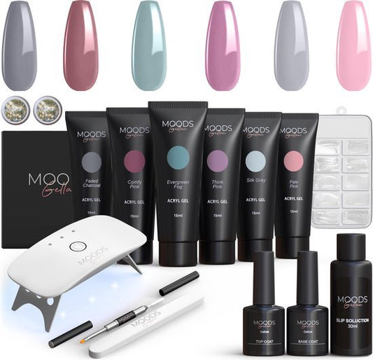 Moods Gellac - Luxury Polygel Set - Polygel Nails Starter Pack - Inclut une lampe UV LED - 6 couleurs - Gris Nude