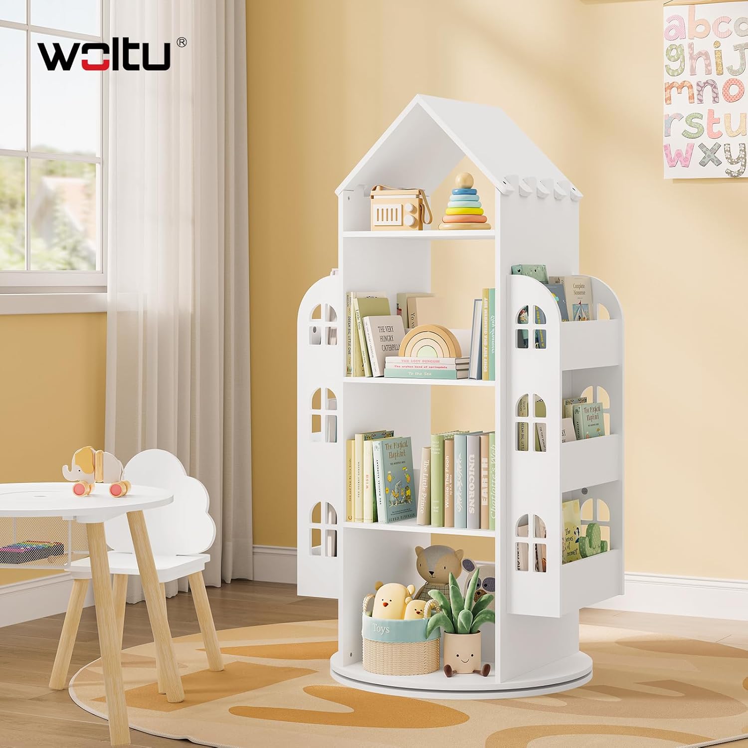 Woltu Revolving Children's Bookcase White 63x59x125 cm - Meuble de rangement Montessori à 4 niveaux et compartiments latéraux