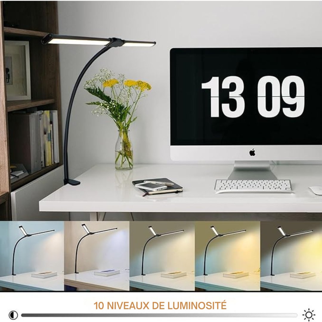 Lampe de bureau à Led Skoov - pour la maison et le bureau - lumineuse à double tête avec 3 couleurs, dimmable à l'infini - flexible à col de cygne pour l'architecture - USB 5V - noir