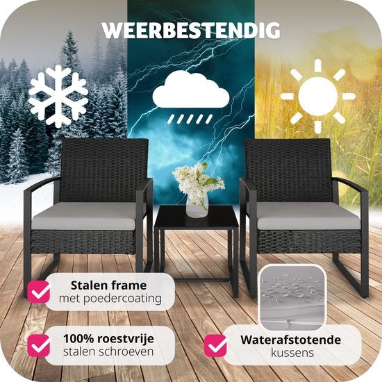 tectake® - ensemble de sièges en osier 2x fauteuils avec table, ensemble de meubles de balcon, meubles de jardin, meubles de balcon, petit salon, chaises rembourrées y compris table de jardin extérieure, résistant aux intempéries - noir - poly-rotin