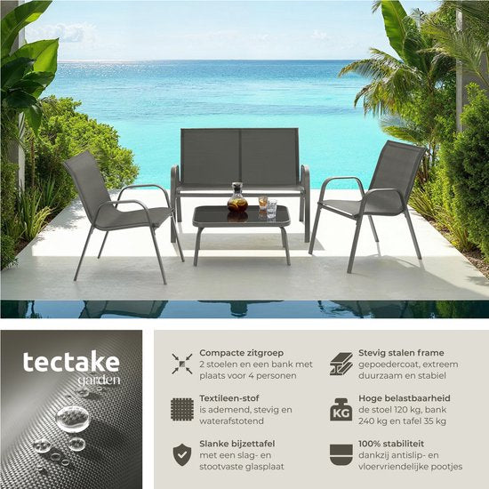 tectake® Garden Set Nora - Ensemble de sièges modernes pour 4 personnes - Ensemble de salon avec canapé de jardin et 2 chaises de jardin en tissu textile respirant et résistant à l'eau - Ensemble de balcon avec table d'appoint - Ensemble de mobilier de ja