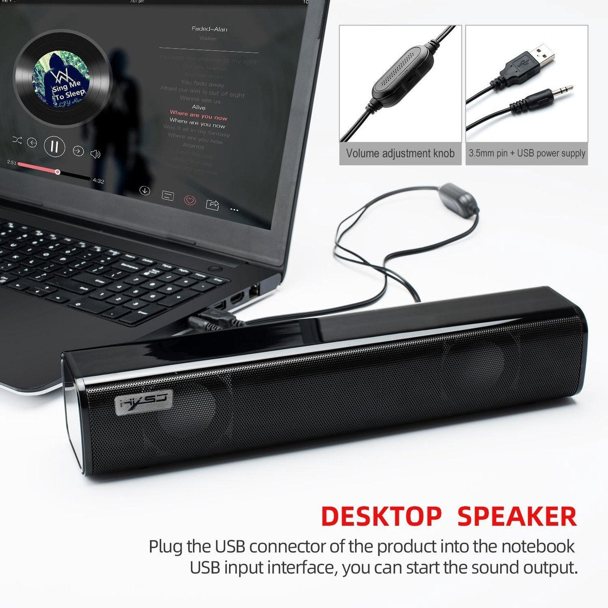 HXSJ Q2 Soundbar PC Speaker - USB - pour ordinateurs de bureau / portables / téléviseurs intelligents / projecteurs - Noir