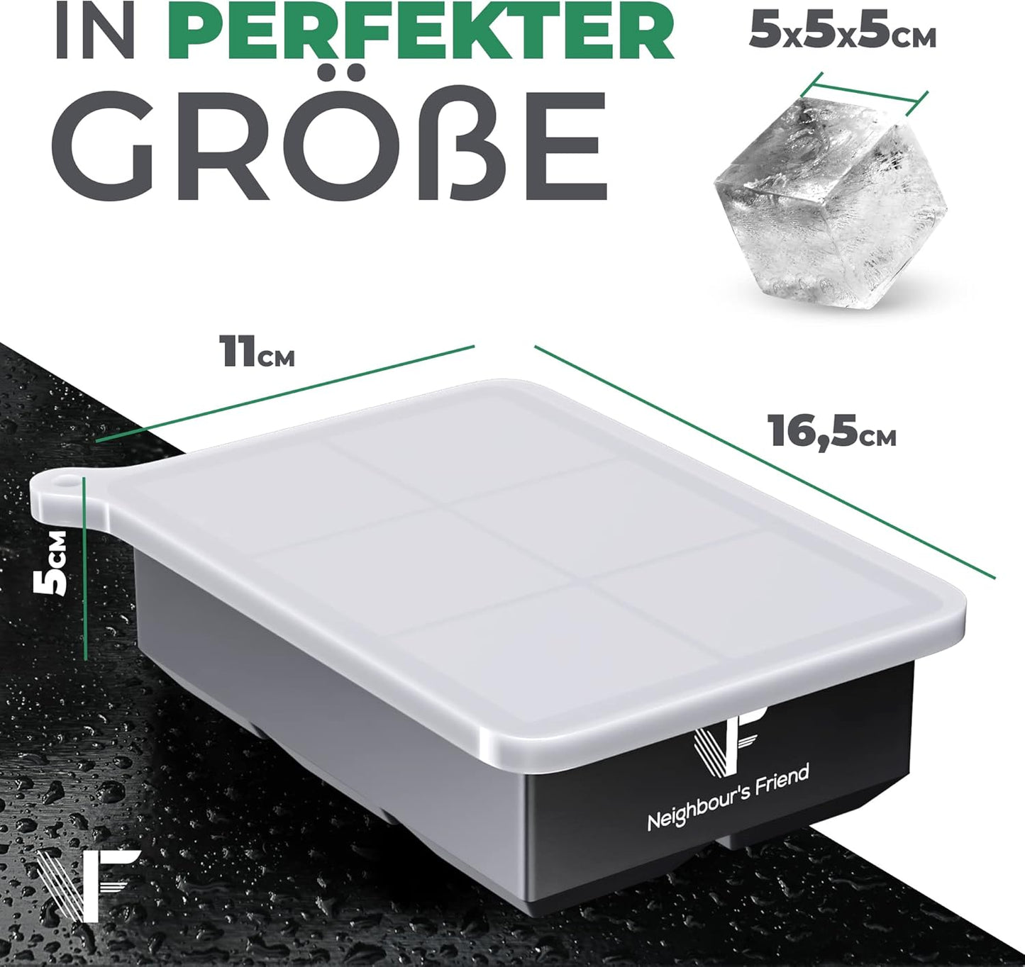 Neighbour's Friend moule à glaçons grand pack de 2 - 12x XXL glaçons pour cocktails, whisky & long drinks - moule à glaçons en silicone platine avec couvercle lavable au lave-vaisselle - moule à glaçons géant XL
