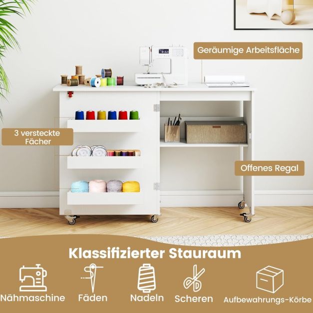 Coast Sewing Table White - Table de loisirs pliable sur roulettes avec rangement et 3 bacs cachés - 118.5 x 40 x 79.5 cm