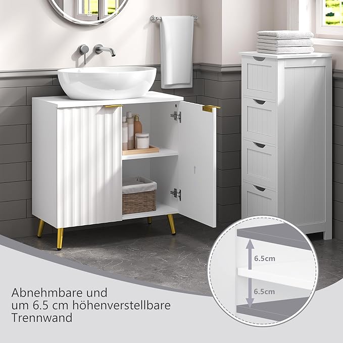 eSituro SBP0095 Meuble bas pour lavabo - meubles de salle de bains - blanc avec pieds en métal doré - 60 x 62 x 30 cm