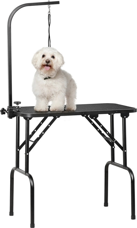 Yaheetech Table de toilettage pliante - équipée d'un support réglable en hauteur, d'une sangle de transport amovible et d'un plan de travail antidérapant - pour chiens et chats - métal noir et cuir PU - 80,5 x 46 x 76 cm