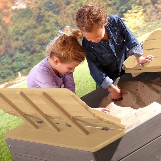 Bac à sable en bois AXI Ella XL, gris/marron - Avec bancs et couvercle - Bois certifié FSC - 120 x 120 x 20 cm - Bac à sable pour enfants