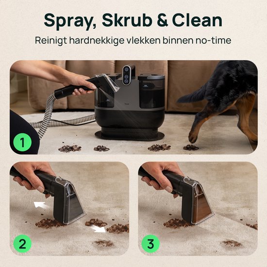 Skrub 4 en 1 Nettoyeur de tapis compact avec eau chaude - Chauffé à 60°C - Nettoyeur de taches - 4 accessoires - 1200 Watt - Machine à nettoyer les canapés