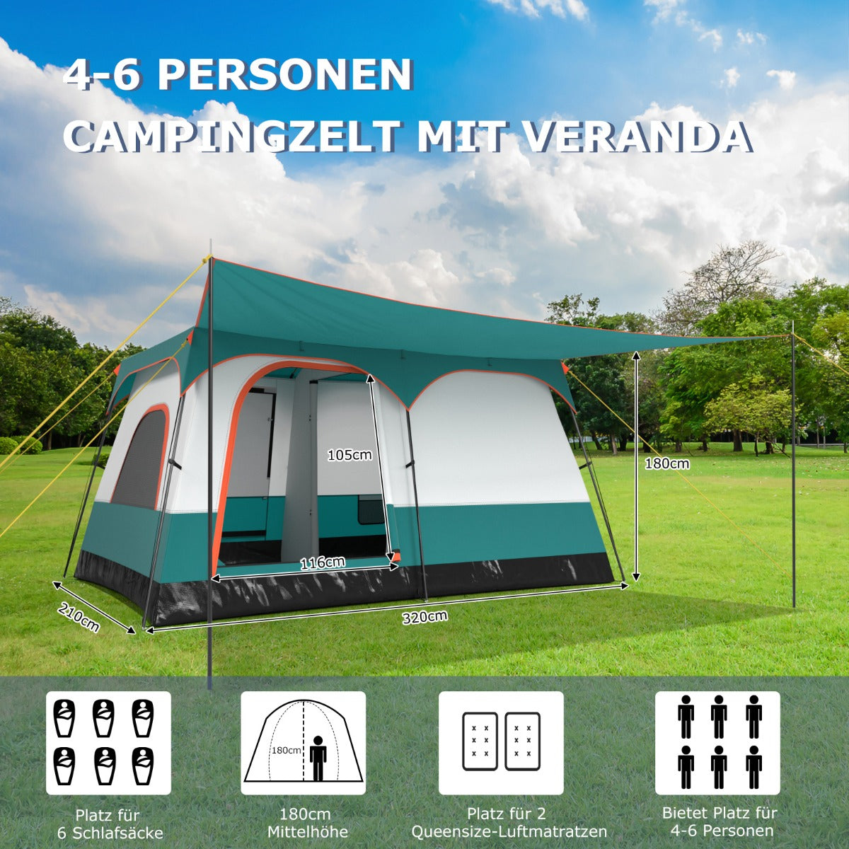 Coast Tente familiale avec auvent - 2 Chambres - 2 Entrées - 320 x 210 x 180 cm - Verte