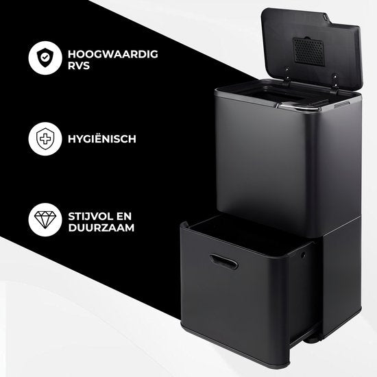 Bayt Trash Can 60 Liter - Poubelle 60 litres - Séparation des déchets - 2 compartiments - Acier inoxydable - Noir