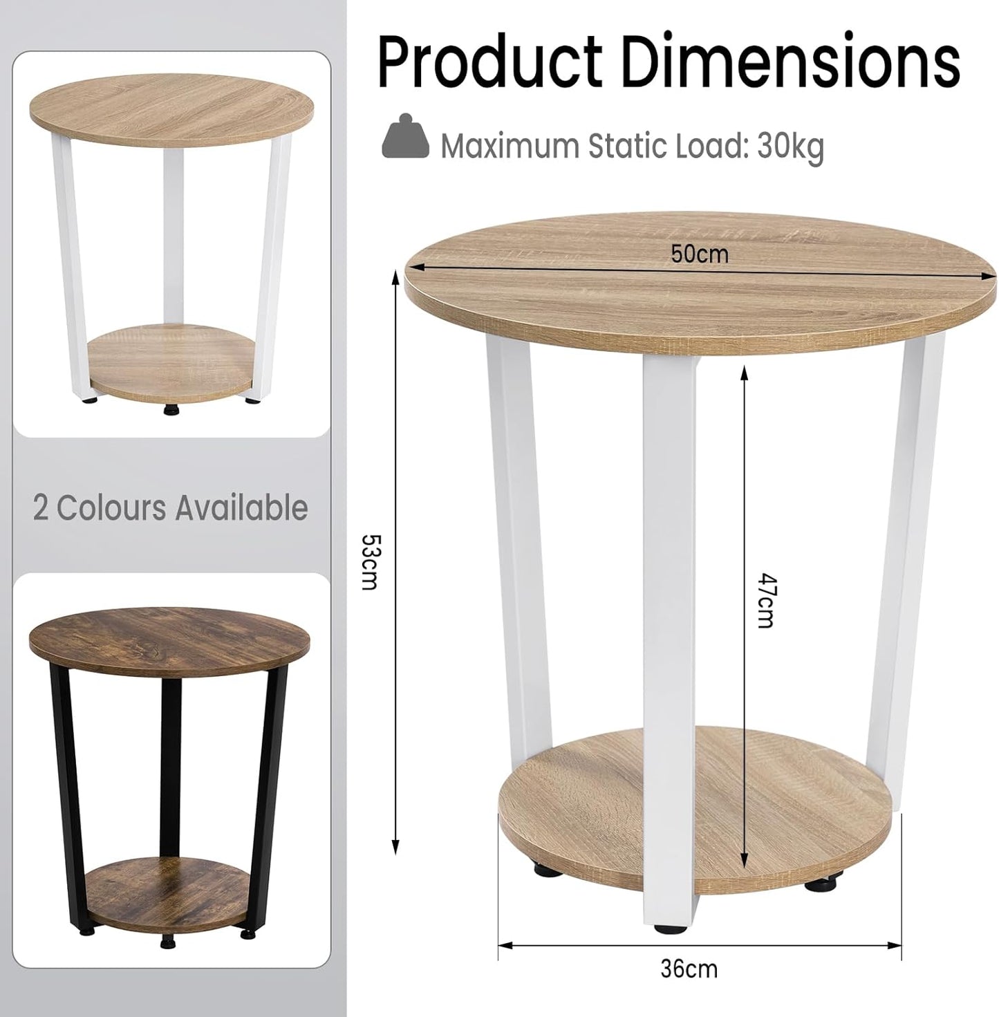 Table basse ronde Woltu - 50x50x53 cm - chêne clair - table d'appoint avec 2 étagères et espace de rangement