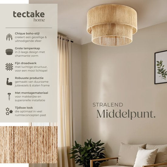 tectake® Plafonnier style Boho- Lampe pendante avec abat-jour en jute - 40W