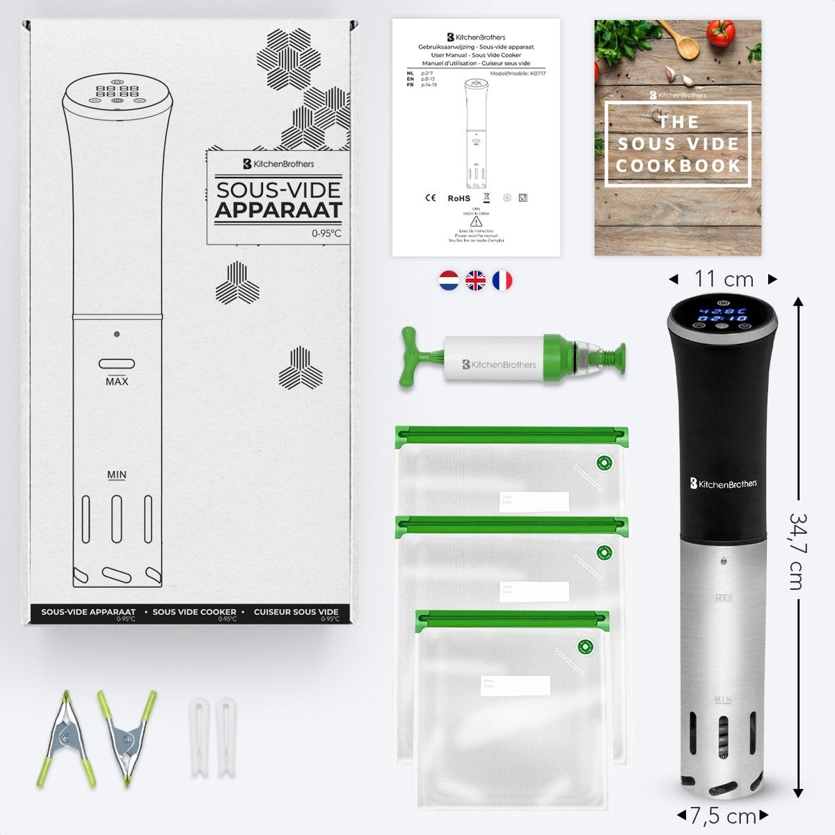 Sous Vide Stick - KitchenBrothers - avec livre de cuisine - 1200W - Black/RVS