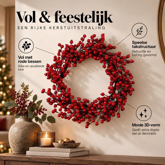 Mica Decorations : Décoration de Noël avec des baies rouges - Couronne de Noël pour créer une ambiance festive chez vous - Ø 50 cm en mousse - Couronne de porte d'intérieur pour la période de Noël - Rouge