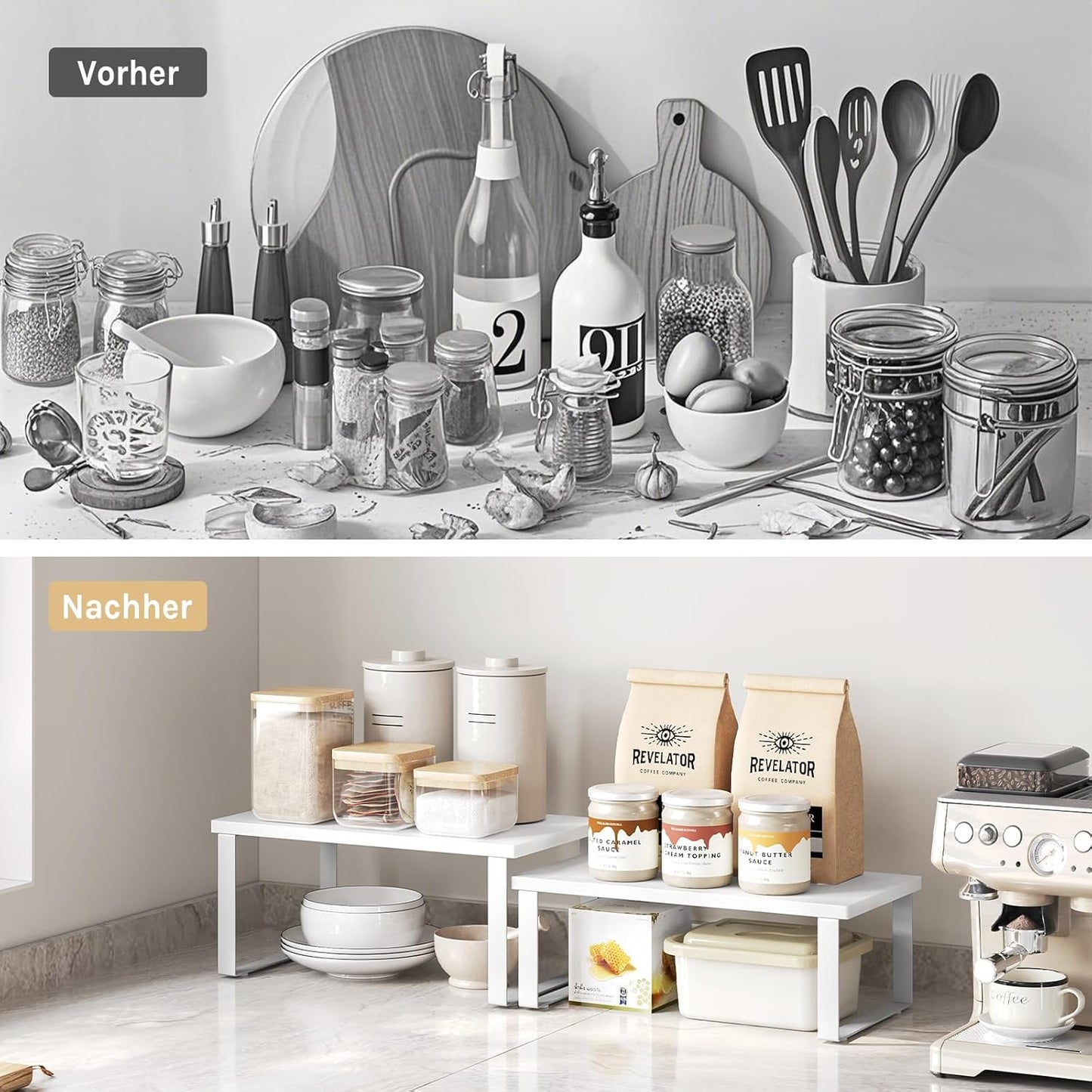WOLTU Set d'étagères à épices 2 pièces - étagère de cuisine empilable - MDF blanc et métal